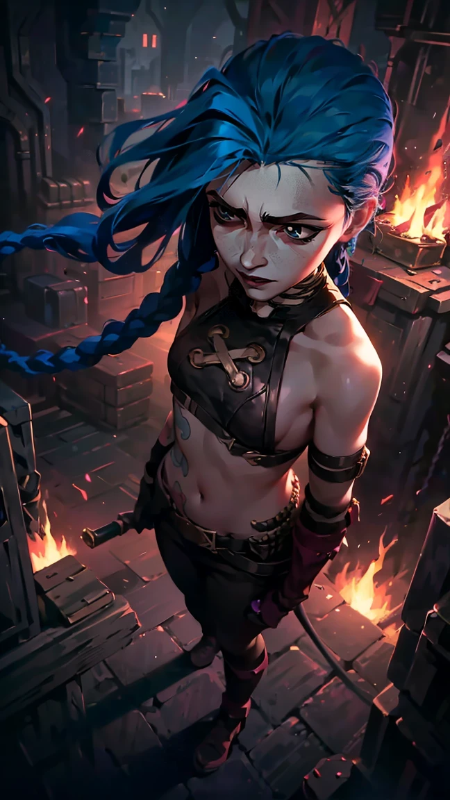 (masterpiece, Best quality), 1 girl, portrait, very sexy, crazy look, smile, crying, pink tears, tears on the cheeks, tears from eyes, full length (full body 1.1.), очень feminine, fighting stance, battle, fire, explosions, burning city, Beautiful waist, gloomy composition, flame, fire, Flash, very beautiful, feminine, long hair, hair braided in long braids, very sexy, tight leather pants, emphasis on the eyes, face accent, Beautiful face, Hands, Hair, Haired ponytail, red purple eyes, Джинкс crying, Blue cloud tattoo, (masterpiece, Best quality), Side lighting, beautiful detailed eyes, crazy face), (Best quality), (masterpiece), magic photography, Spectacular lighting, Photorealism, ultra detailed, интимная portraitная композиция, 1. 4,8 k UHD, aesthetic, Cd., A high resolution, 8 k, better lighting, Best shade, Ultra-HD, A high resolution, sharp focus, Complex background, Cinematic lighting, ((Landscape view)), 4K block, (better lighting), ((Cinematic lighting)),