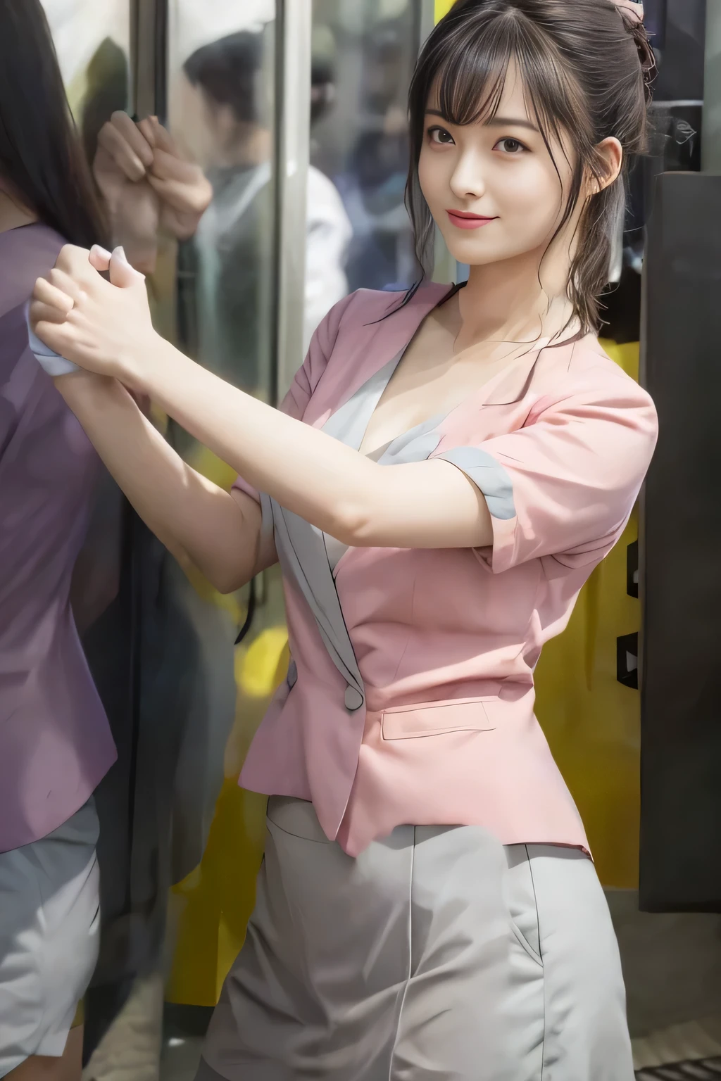 (masterpiece:1.2, Highest quality:1.2), 32k HDR, High resolution, (alone、1 girl)、 (Height: 160cm)、（On the rooftop of a building in the daytime、Professional Lighting）、Building rooftop background、（Nankai train crew uniform pinkを着たリアルスタイル）、（Nankai train crew uniform pink short sleeve collarless pink jacket、Nankai Train Crew Uniform Pink Collarless Short Sleeve Blouse、Nankai Train Crew Uniform Pink Grey Knee-length Culottes）、（The pink jacket is showing from the culottes.）、Dark brown hair、（Hair tied up、Hair tied up、Evening curly hairstyle）、Dark brown hair、Long Shot、Big Breasts、Thin legs、（（Great hands：2.0）），（（Harmonious body proportions：1.5）），（（Normal limbs：2.0）），（（Normal finger：2.0）），（（Delicate eyes：2.0）），（（Normal eyes：2.0））)、smile、（Nankai Train Crew Uniform Pink Grey Knee-length Culottesを見せた美しい歩く姿）、Place your hands around your stomach、Lanyard employee ID card