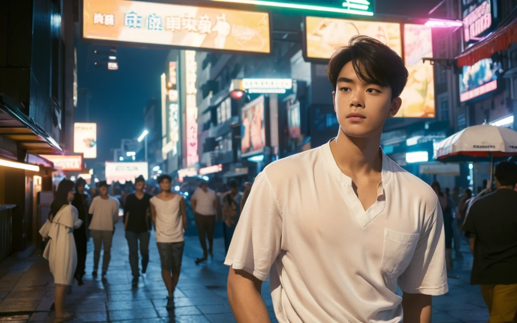 In the midst of a city at night, a young Chinese boy stands on a cobblestone street, illuminated by the soft glow of streetlights and neon signs. The sky above is a deep blue, dotted with twinkling stars, casting a serene and magical atmosphere over the scene.

His hair is straight and natural, with bangs softly brushed by a gentle breeze. His face is youthful and clean-shaven, exuding an innocent charm. He wears a simple white T-shirt that clings to his muscular frame, highlighting his well-defined pecs and strong muscles. He is dressed in shorts, which show off his athletic legs. His hands rest casually at his sides, conveying a relaxed and confident demeanor.

Behind him, the lively street is lined with shops and colorful neon lights that reflect on the wet pavement, adding a vibrant and dynamic feel to the night. People hustle and bustle, but he seems detached from the commotion. His gaze is soft and contemplative, fixed on the distant horizon, as if lost in thought. A faint smile plays on his lips, though his eyes reveal a hint of sadness and nostalgia.

The camera zooms in on his slightly parted lips, as if ready for a tender kiss. His tongue subtly traces his lips, showing a longing expression. The air is filled with a sweet aroma, making each breath taste of romance. His lips glisten slightly in the streetlight, appearing particularly inviting.
((depth of field)),((open and vast place)),telephoto lens,(((close-up))),(chest focus),(((perspective from below))),(simple background),(simple color),((blurry)),(horizon),
 1boy,cool guy,peaceful,((floating short hair)),((((bangs)))),(((soft clean hair))),(((silky skin))) ,((smooth skin)) ,clean body,(clean face),((smooth face)),(natural pretty face),((adam's apple)),((looking at you)),((solo)),(teenage),(wind),(chin up),(hopeful),
((skin tight open shirt)),(mini white shirt),see-through,
(narrow waist),slender waist,muscular,(broad shoulders),((huge wide chest)),(((huge plump chest)))