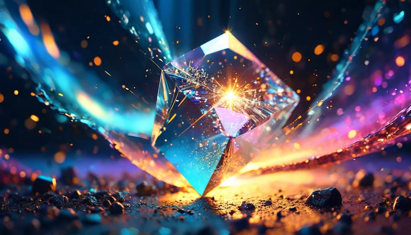 Create a stunning 3D illustration of a glass rin prism at the center, surrounded by burst of finest metallic particles. Each particle should glow with a metallic sheen. The dynamic spread of these particles against a solid glass backdrop should create a striking contrast, highlighting the glass prism and emphasizing the brilliance of the metallic elements.