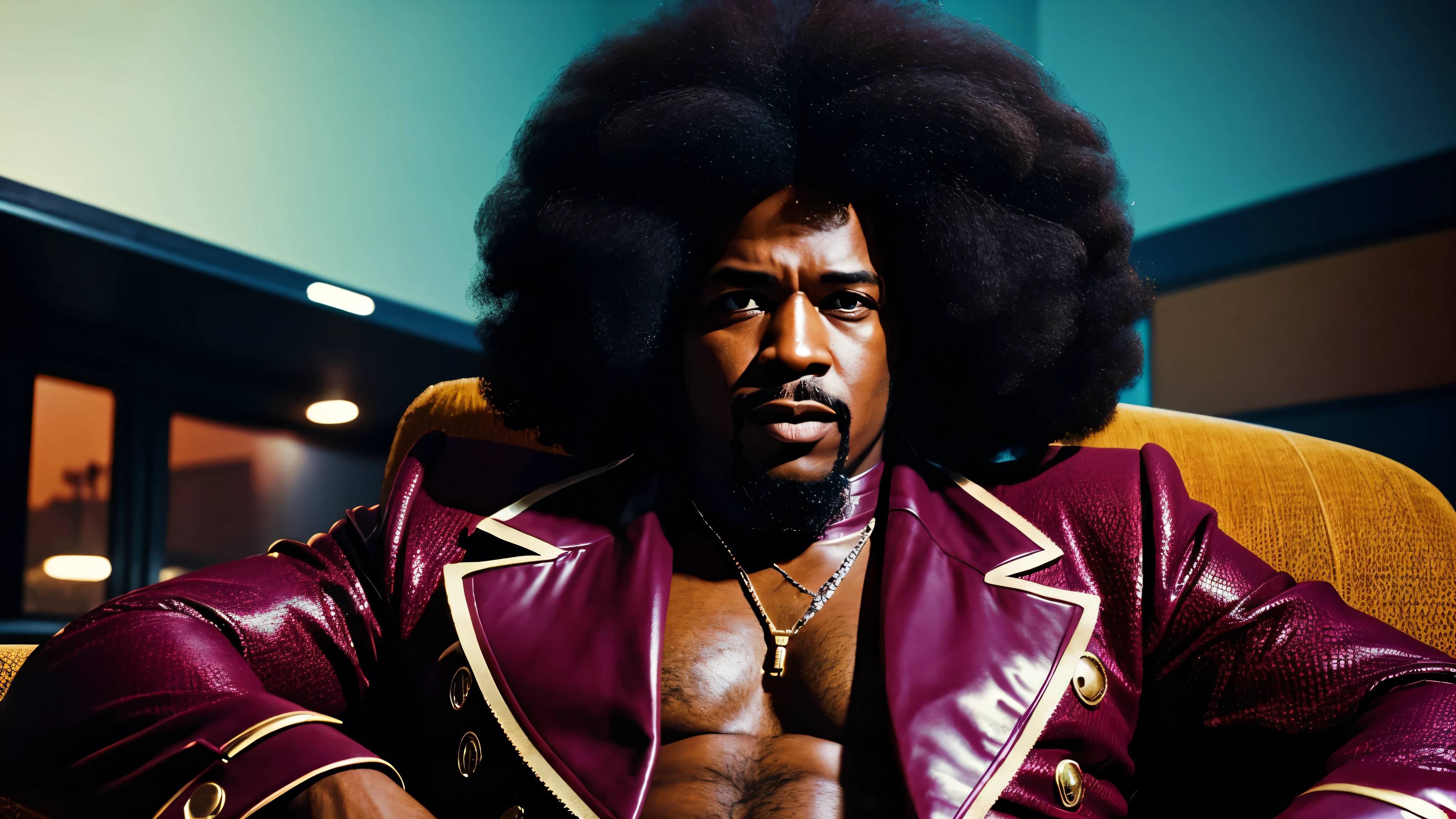 1970's pimp named "Mr Lickity Split", he has a goatee and an afro, he is wearing 1970s attire, cinematic action, masterpiece, super detail, textured skin, atmospheric perspective,