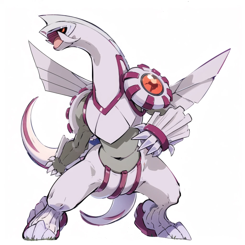 ((masterpiece,best quality)), absurdres, palkia, red eyes, closed mouth, standing, full body, outdoors, sky, shiny, tree, night, Star (sky), night sky,,Redraw it in a beautiful anime style with a thin outline、Don't change the design