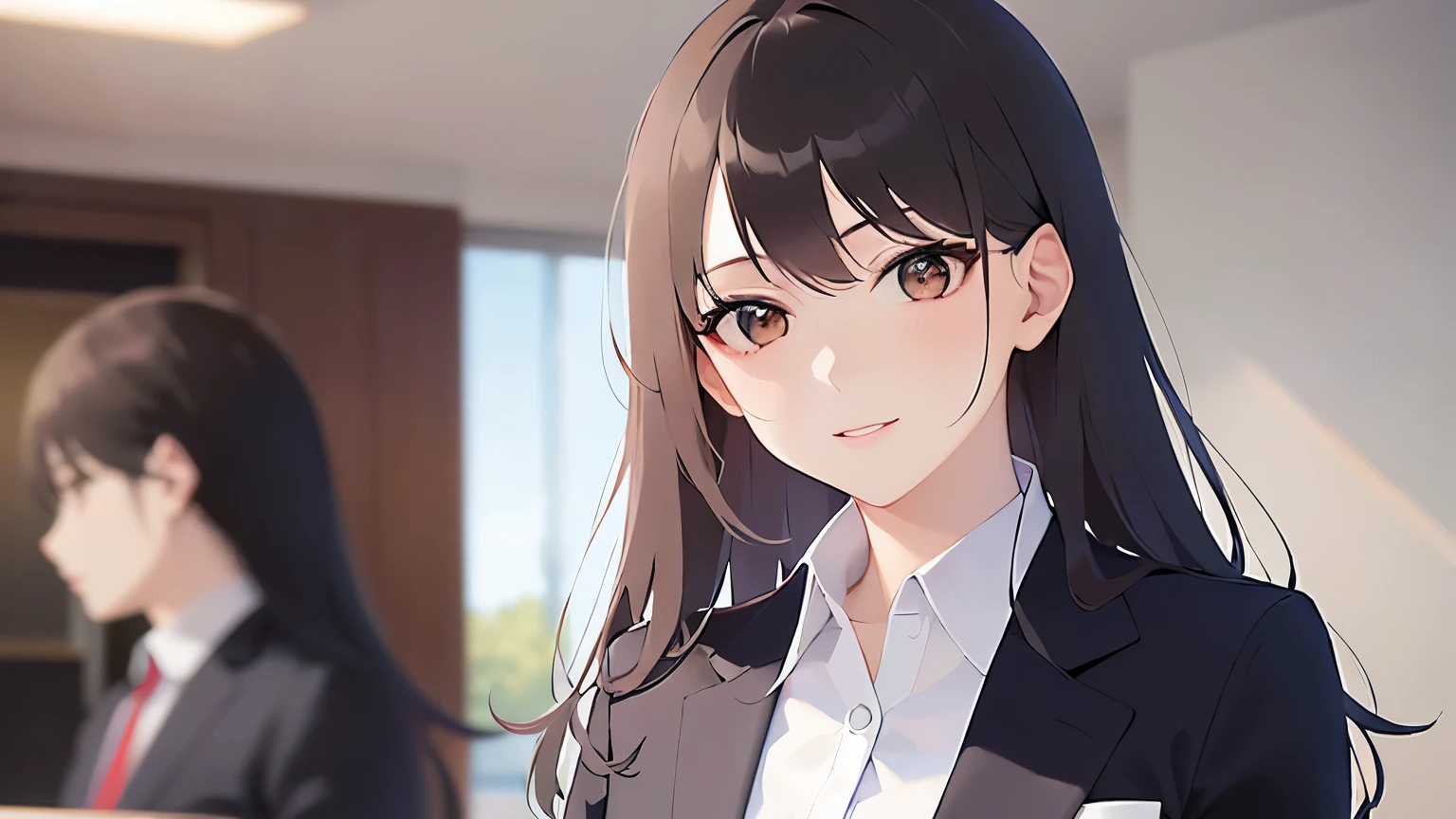 look at viewer,angle from the front,Upper Body, 
 Realistic, real person, (pale skin: 1.2), RAW photo, photorealistic, shiny skin, shiny hair、
(A 25-year-old woman with medium-length hair and bangs) and (wavy hair) and (brown hair) and (Orange Eyes) smile, 
(Wearing a business suit:1.5) and (Wearing a white collared shirt)、
smile,The background is the living room、Alone、Are standing