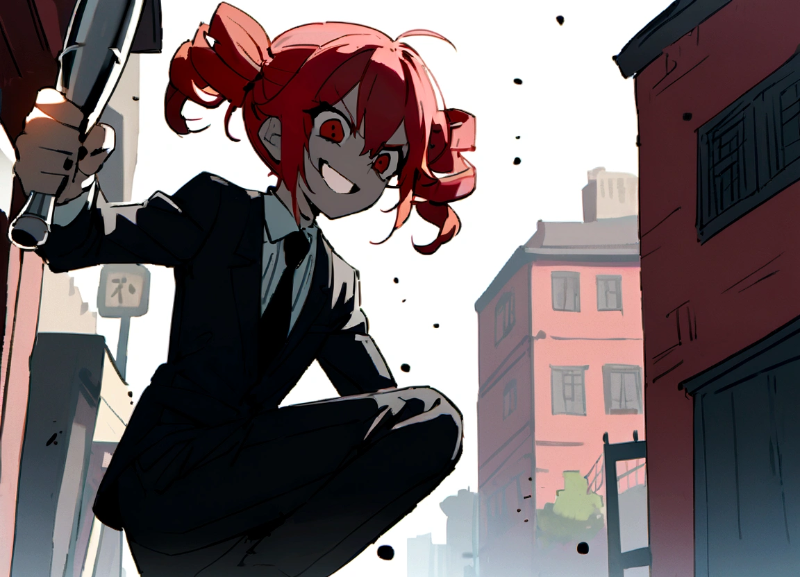 Red hair、Black suit、Black slacks、Wearing leather shoes、swinging a long silver metal baseball bat、Scary smile、In town、Daytime