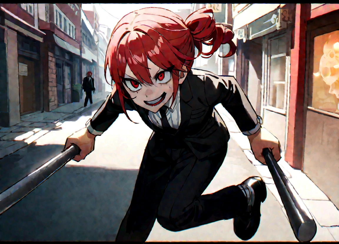 Red hair、Black suit、Black slacks、Wearing leather shoes、swinging a long silver metal baseball bat、Scary smile、In town、Daytime