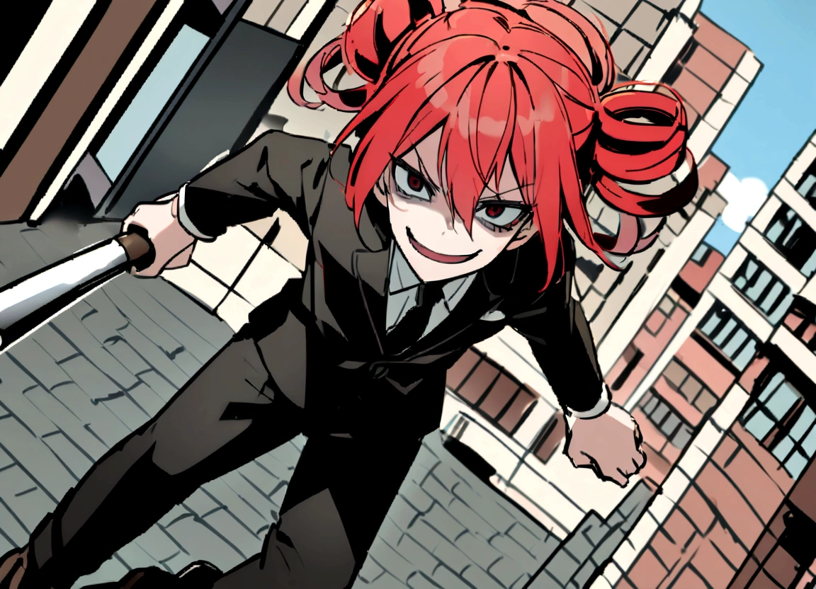 Red hair、Black suit、Black slacks、Wearing leather shoes、swinging a long silver metal baseball bat、Scary smile、In town、Daytime