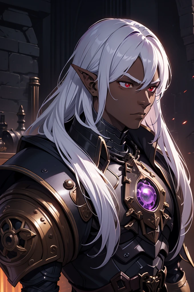 masterpiece, best quality, ultra high res, dark theme, 1boy, (dungeonpunk armor), (mechanical steampunk armor), (wearing armor)fantasy illustration, dark skinned, human, upper body, portrait, red eyes, long white hair, half-drow, pointy ears, serious face, young man, dramatic lighting, purple hue, art by Kinema Citrus
