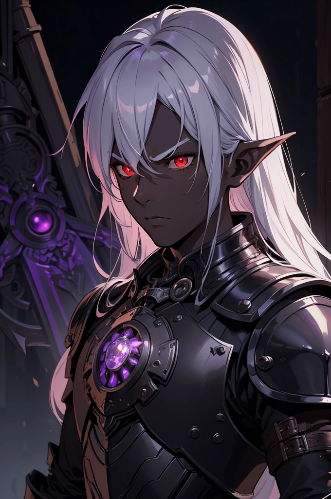 masterpiece, best quality, ultra high res, dark theme, 1boy, (dungeonpunk armor), (mechanical steampunk armor), (wearing armor)fantasy illustration, dark skinned, human, upper body, portrait, red eyes, long white hair, half-drow, pointy ears, serious face, young man, dramatic lighting, purple hue, art by Kinema Citrus