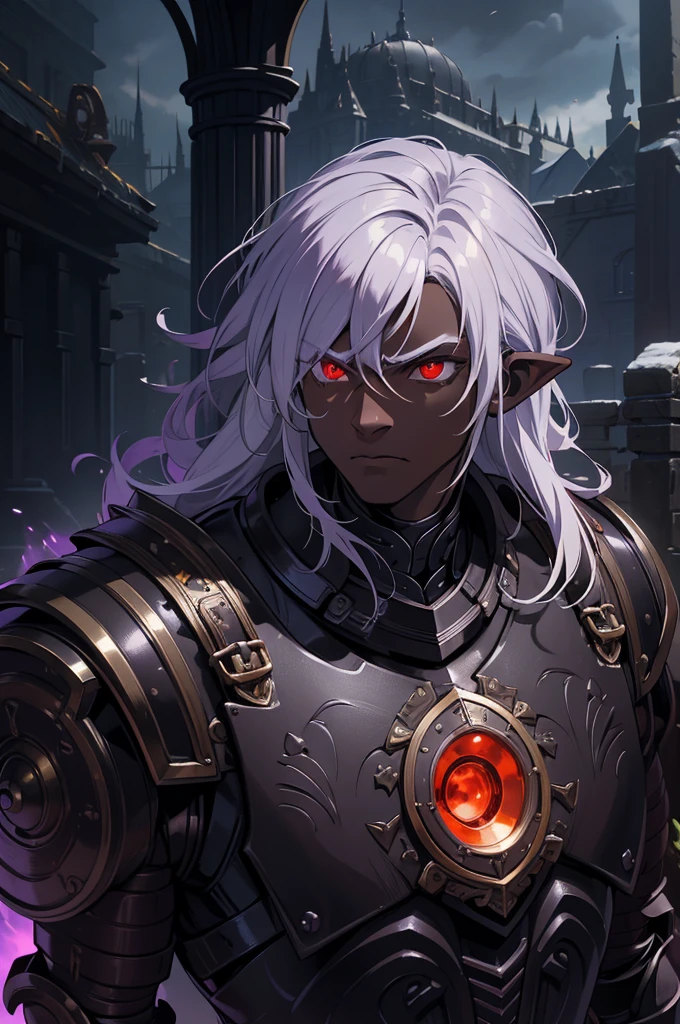 masterpiece, best quality, ultra high res, dark theme, 1boy, (dungeonpunk armor), (mechanical steampunk armor), (wearing armor)fantasy illustration, dark skinned, human, upper body, portrait, red eyes, long white hair, half-drow, pointy ears, serious face, young man, dramatic lighting, purple hue, art by Kinema Citrus