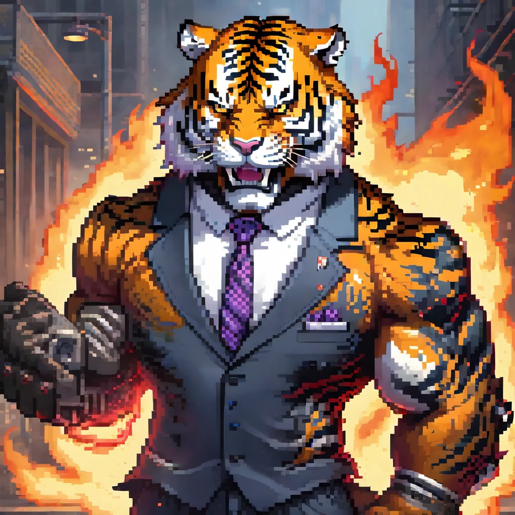 Ghost tiger, muscled with huge pecs , hugge torso , huge arms , with a skull head like  with fire , in suit with a tie ans spikes