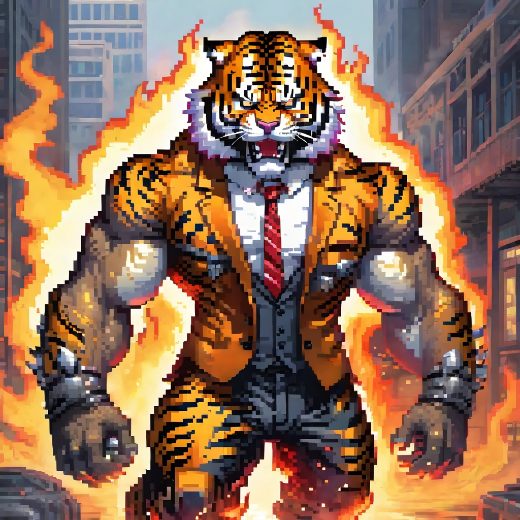 Ghost tiger, muscled with huge pecs , hugge torso , huge arms , with a skull head like  with fire , in suit with a tie ans spikes