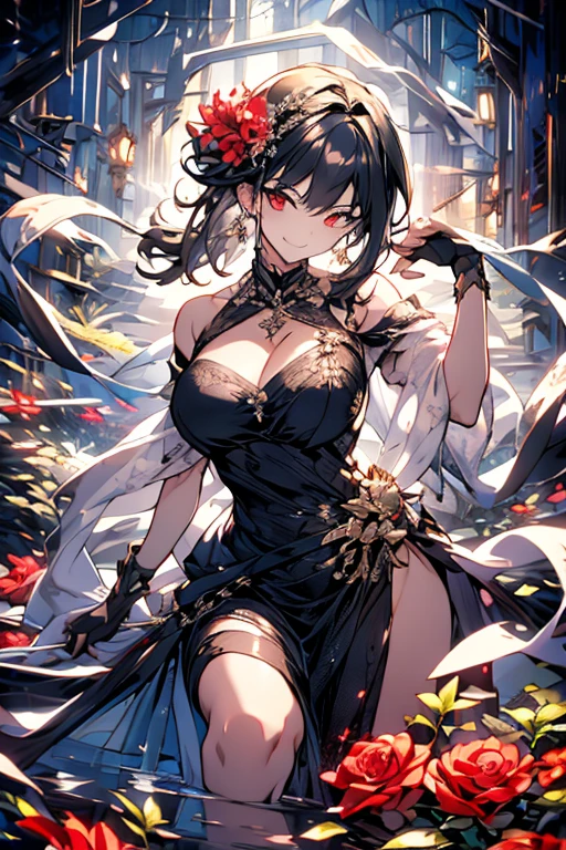 (dynamic angle:1.3, front view:1.1, breast focus:1.3, from below:1.2), (dynamic posing:1.5, sexy posing:1.2, leaning forward), (seductive smiling:1.3),(*K) HD, highest quality, Anime style beutiful woman, 1girl,fullbody, happy, (with sparkling eyes and a contagious smile:1.2), red face, closed mouth, beautiful detailed eyes, super detailed skin, backlighting, bare shoulders, black background, black dress, black gloves, silver hair, breasts, dress, earrings, fingerless gloves, floating hair, floral print, flower, gloves, gold earrings, gold hairband, hair flower, hair ornament, hairband, holding, holding two-hands weapon, jewelry, medium breasts, long hair, looking at viewer, off-shoulder dress, off shoulder,red eyes, short hair with long locks, sidelocks, solo, spikes, thighs, two-sided dress, two-sided fabric, weapon, fighting stance , face, close up, from above, highest quality, high resolution,Real World, Natural light,perfect Natural light,looking at viewer,