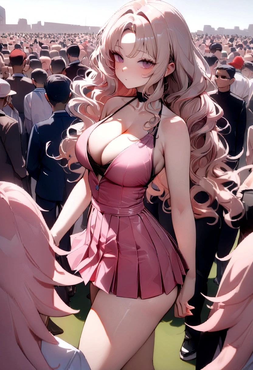 ((Highest quality, 8,000 people, masterpiece:1.4)), (1 female), ((Very small face:1.3)), (Very large cleavage:1.4), Pocket Dan Pink Cosplay, (Wavy hair fluttering in the wind:1.3), Innocence, Pure, stockings, ((Highest quality, 8K, masterpiece:1.3)), (Perfect Body Beauty), White Background, (look back), Ultra-mini pleated skirt, Thin legs, panties, Golf Wear, 私は後ろをlook back, 彼女はlook back, Big Ass,