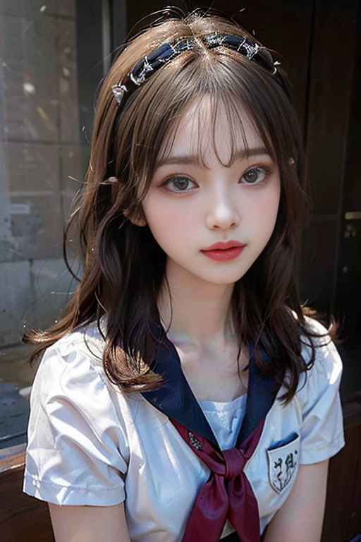 Highest quality,soft focus,masterpiece,Ultra-high resolution,beautiful detailed face and eyes,(Realistic:1.4),1 girl,JK_style,uniform,flat chest,Charm,Looking into the camera,