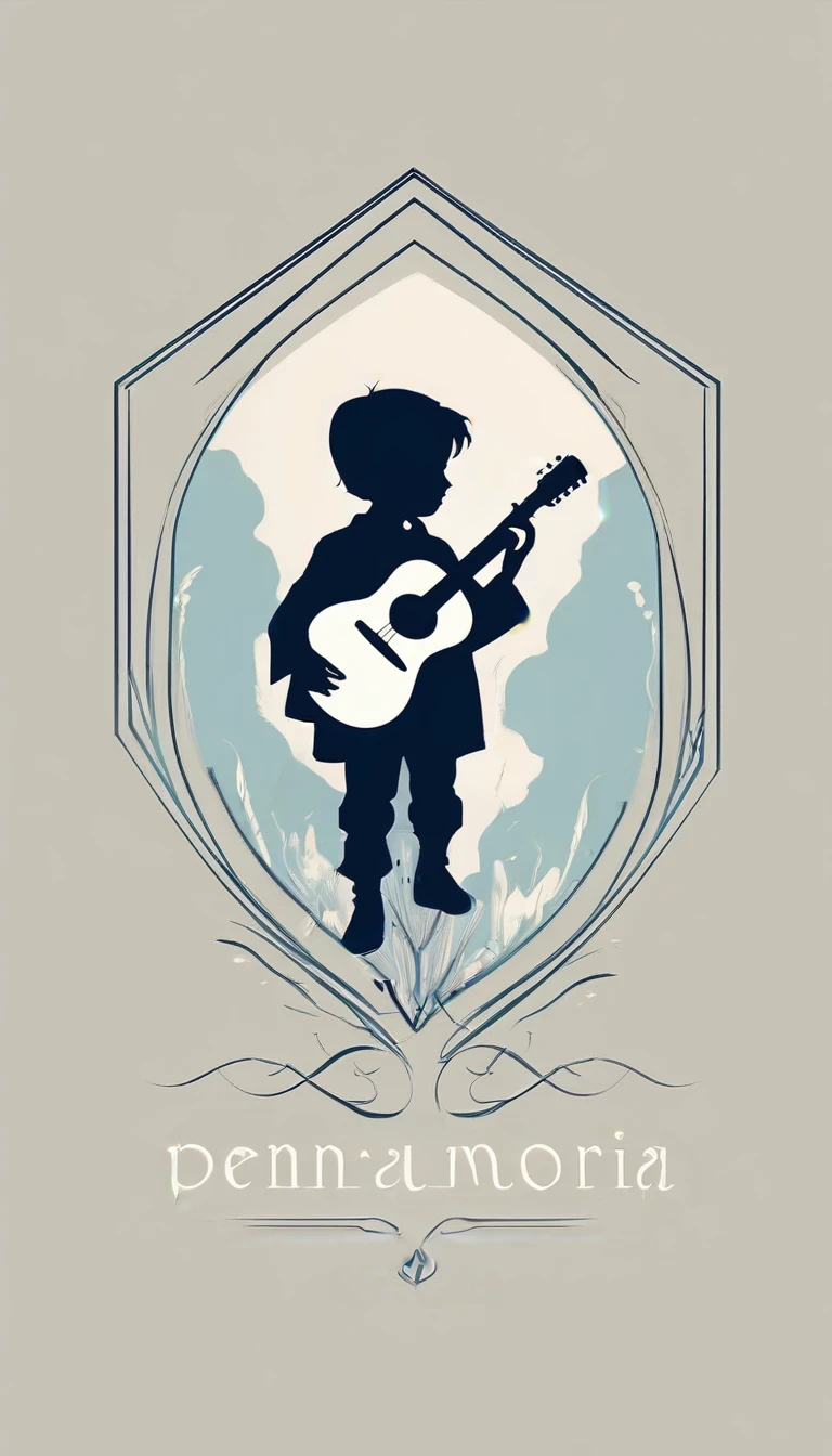 A minimal, modern, simple, cinematic logo design for the brand “Penamemoria". The logo design must be a simple, silhouette of a boy, standing up, playing acoustic guitar and fantasy feather by his side. The logo must convey a sense of music, stories, memories and dreams. Logo design impressed on a book cover. Minimalistic logo. Light blue, soft white and light golden as colors for the logo design