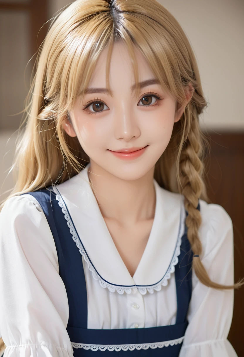 18 years old beautiful girl, big eyes, Large Breasts, tiny and cute, 8K, Top quality, (Very detailed head: 1.0), (Very detailed face: 1.0), (Very detailed head发: 1.0), Maid uniform, Highly detailed official artwork, Anime cute art style, Clean and detailed anime art, Smile, blond, Long smooth hair