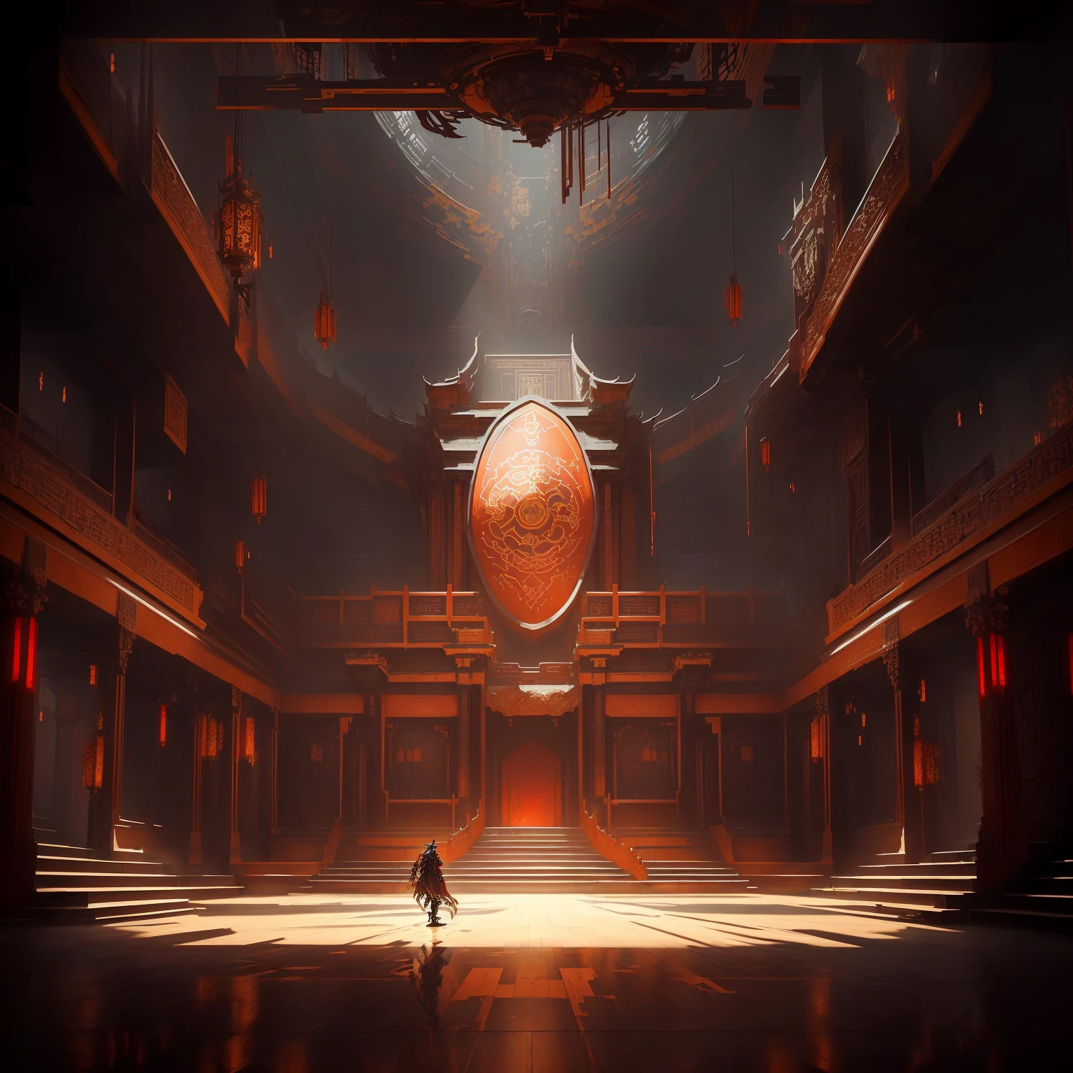 There is a big clock in the middle of the room., doom eternal Concept Art, riot games Concept Art, Concept Art | feng zhu, feng zhu Concept Art, g liulian art style, library of ruina Concept Art, Cyberpunk Chinese Ancient Castle, Dramatic Lighting. Concept Art, Concept Art stunning atmosphere, Beautiful rendering of the Tang Dynasty, Arena Background