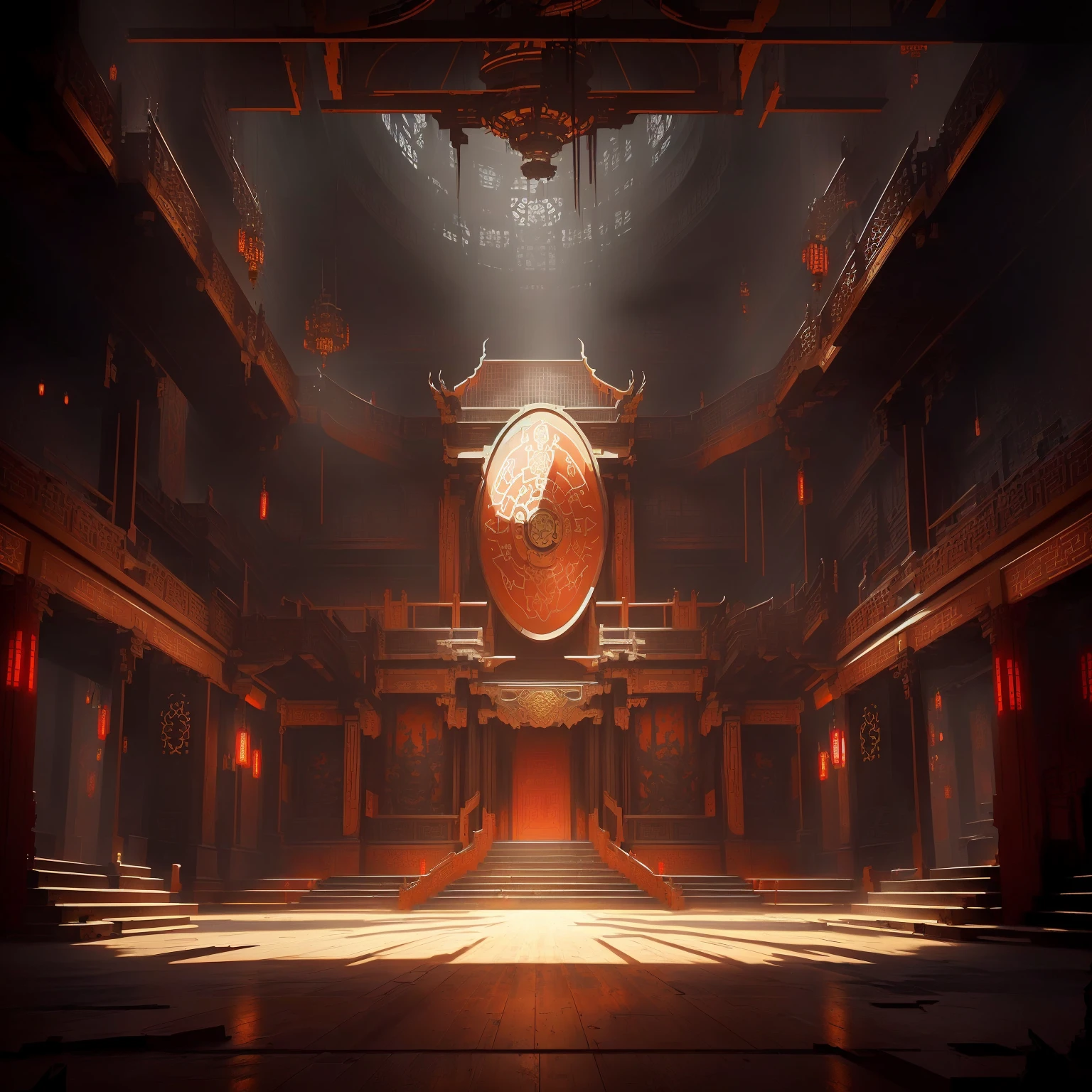 There is a big clock in the middle of the room., doom eternal Concept Art, riot games Concept Art, Concept Art | feng zhu, feng zhu Concept Art, g liulian art style, library of ruina Concept Art, Cyberpunk Chinese Ancient Castle, Dramatic Lighting. Concept Art, Concept Art stunning atmosphere, Beautiful rendering of the Tang Dynasty, Arena Background