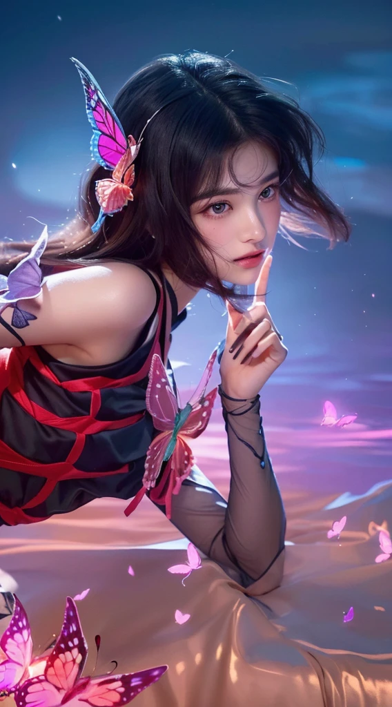 a close up of a girl with a butterfly on her head, butterfly on head, beautiful detailed eyes, beautiful detailed lips, extremely detailed eyes and face, long eyelashes, delicate features, serene expression, soft lighting, warm colors, cinematic, portrait, high quality, 8k, realistic, photorealistic