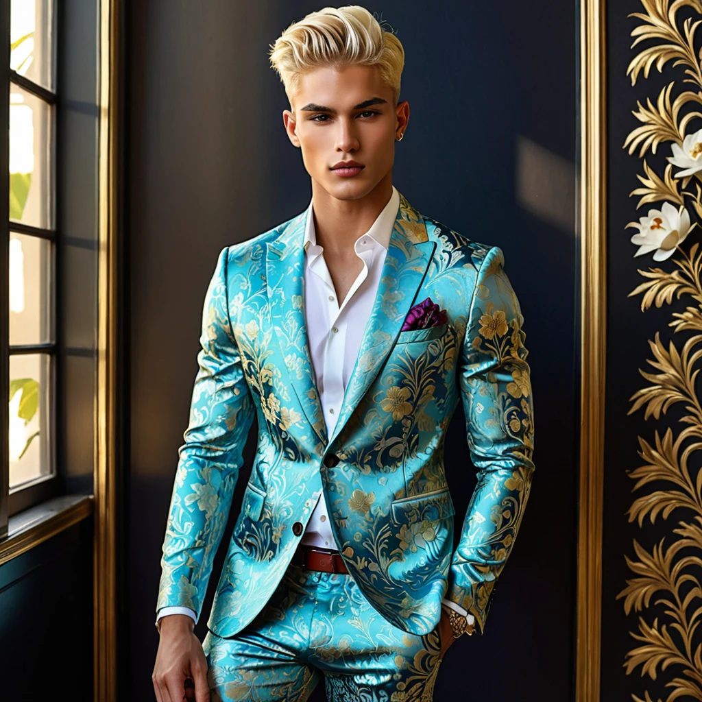 Candid Vogue fashion editorial shot of 2man mixed of male supermodel, 22 year old, short platinum blonde hair, masculine appearance with slender physique, symmetric face, natural olive skin tone, exudes youthfulness and athleticism, he is very photogenic, Position against an ornate dark background featuring a framed floral painting wallpaper to add depth and richness to the scene, (He wears a luxurious white and rainbow patterned suit whit short pants), semi hard bulge, expression is serene and slightly introspective, with a soft confident gaze directed slightly off-camera, Utilize natural soft lighting streaming in from a window, casting gentle highlights and shadows that accentuate the contours of his face and the texture of his outfits, The light creates a warm intimate atmosphere with a golden tone that enhances his skin, The interplay of light and shadow adds depth and dimension to the scene, slightly blurred focus background, bringing into sharp clear detail while the rich tones of the background enhance the overall opulence of the image. Capture full-body short, dynamic angle, using a Canon EOS R7 and Sigma AF 85mm F1.4 EX DG HSM lens by Thomas Synnamon, Employ a shallow depth of field to focus on his face and body, Draw inspiration from high-fashion photographer, emphasize detail, texture and a sophisticated luxurious atmosphere, Emphasize the golden warm lighting and its effect on enhancing his features and the rich textures, creating a visually captivating and elegant portrait that exudes warmth and sophistication, The overall mood blend the classical elegance of the modern, high-fashion aesthetic, producing an image that feels both timeless and contemporary, raw photo, masterpiece, best quality, Correct body structure, Correct photo distance, LGBTQ,