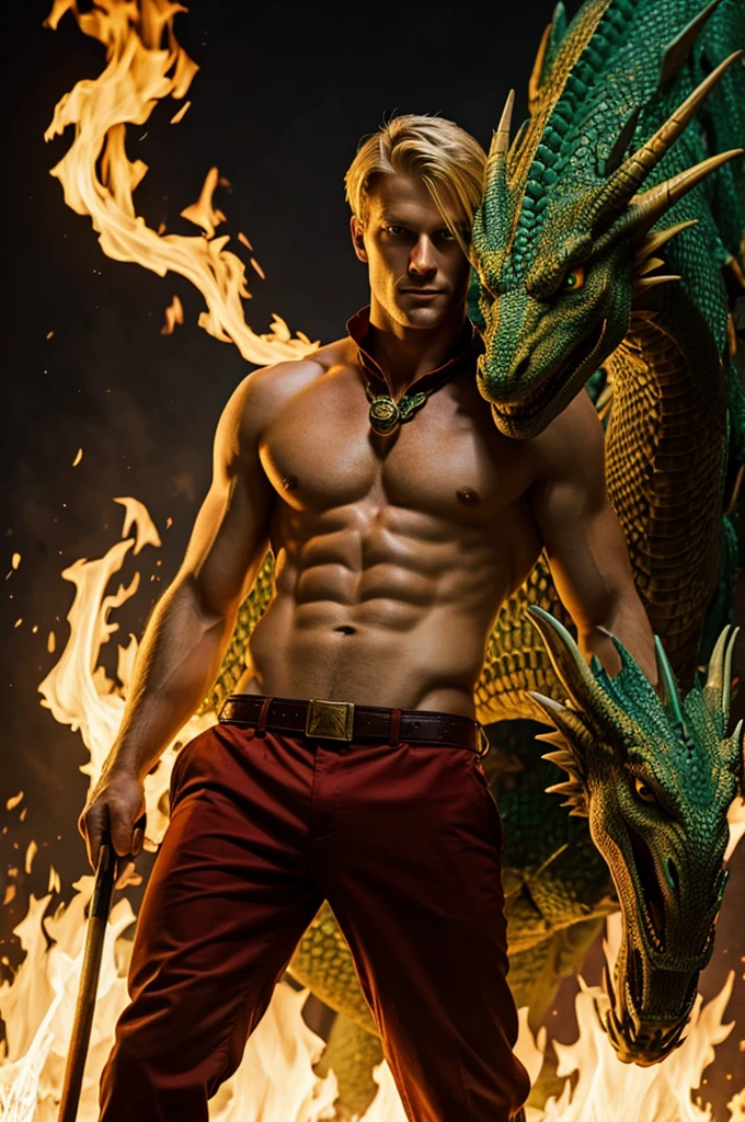 fire background, tall blonde man , green eyes , and a dragon