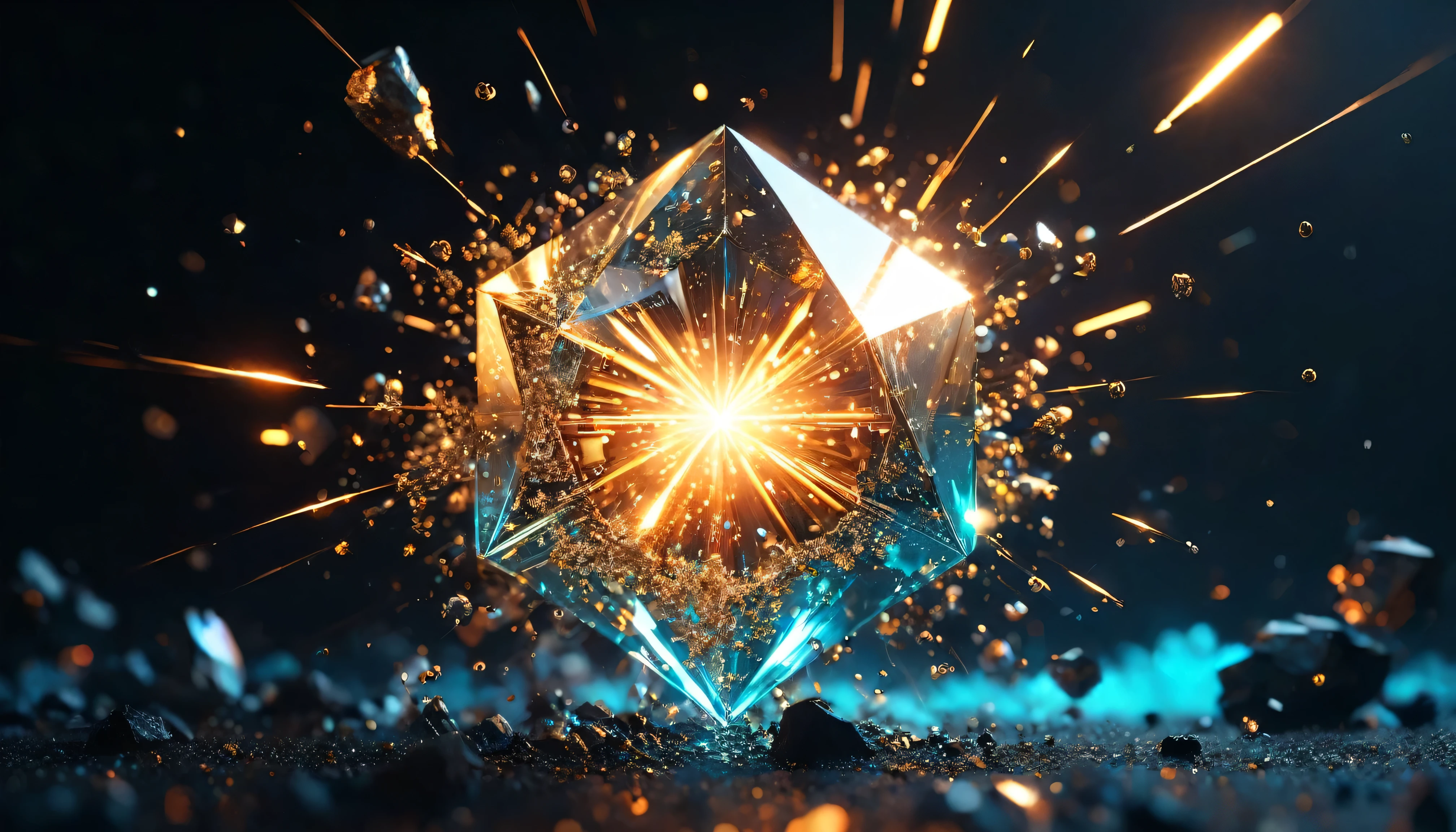 Create a stunning 3D illustration with a glass prism at the center, surrounded by an explosive burst of fine metallic particles. Each particle should glow with a metallic sheen. The dynamic spread of these particles against a solid black backdrop should create a striking contrast, highlighting the glass prism and emphasizing the brilliance of the metallic elements.