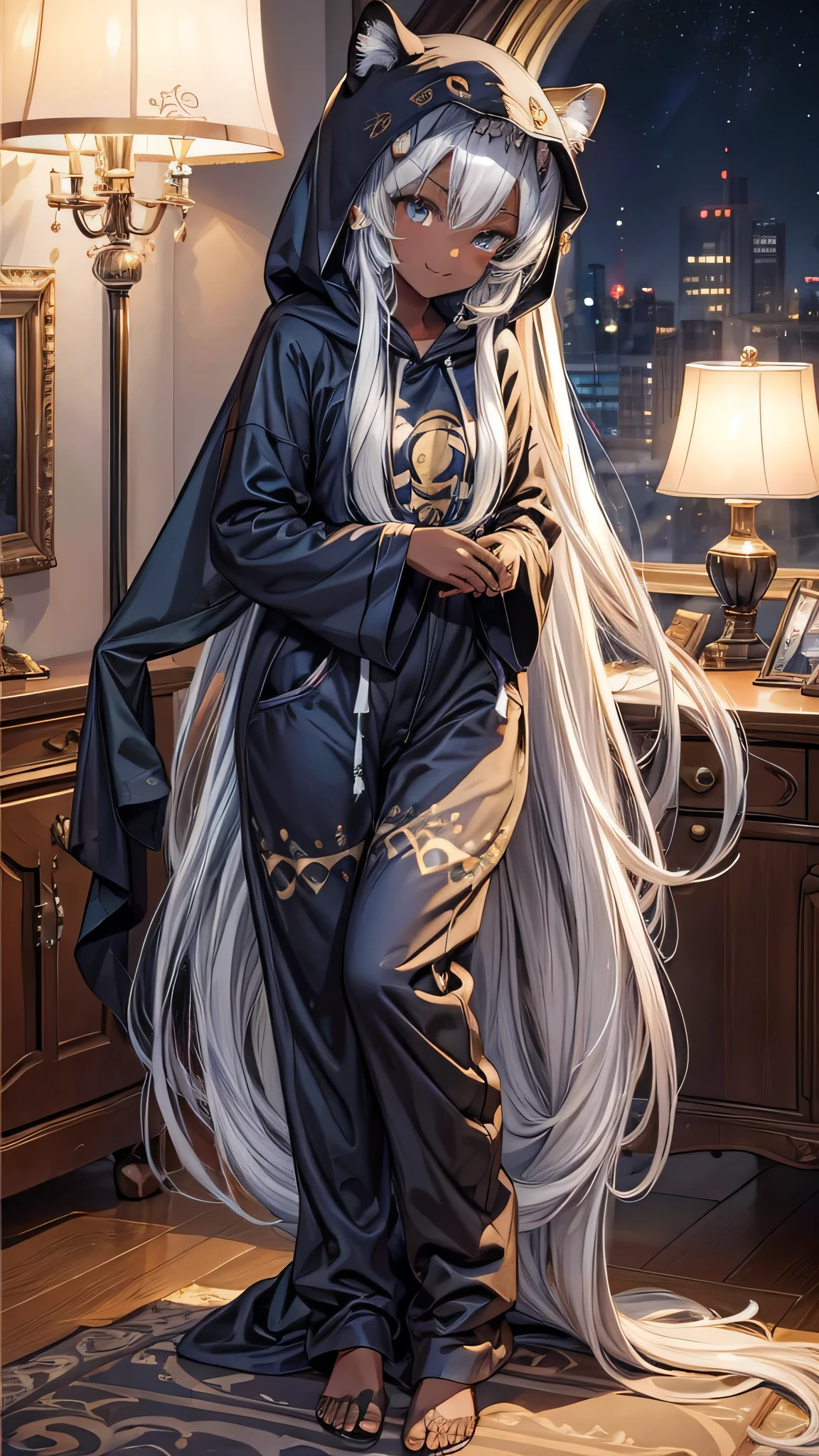(Kigurumi pajamas style) (dark skin, 1000 yo, solo:2 straight silver hair long hair sexy elf woman, detailed silver eyes, sexy smile), (in a detailed:1.2 leopard:1.3 hooded, leopard kigurumi), break, in the lovely bedroom of night, BREAK, masterpiece, best quality, 16k, beautiful detailed night, daydreaming expression.