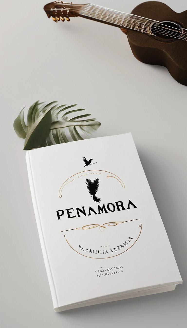 A minimal, modern, simple, cinematic logotype for the brand “Penamemoria". The logotype must be a simple, magical feather and a boy playing acoustic guitar. The logo must convey a sense of music, stories and dreams. Logo design impressed on a book cover. Minimalistic logo