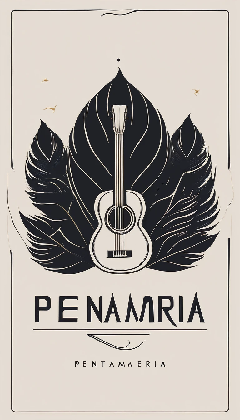 A minimal, modern, simple, cinematic logotype for the brand “Penamemoria". The logotype must be a simple, magical feather and a boy playing acoustic guitar. The logo must convey a sense of music, stories and dreams. Logo design impressed on a book cover. Minimalistic logo
