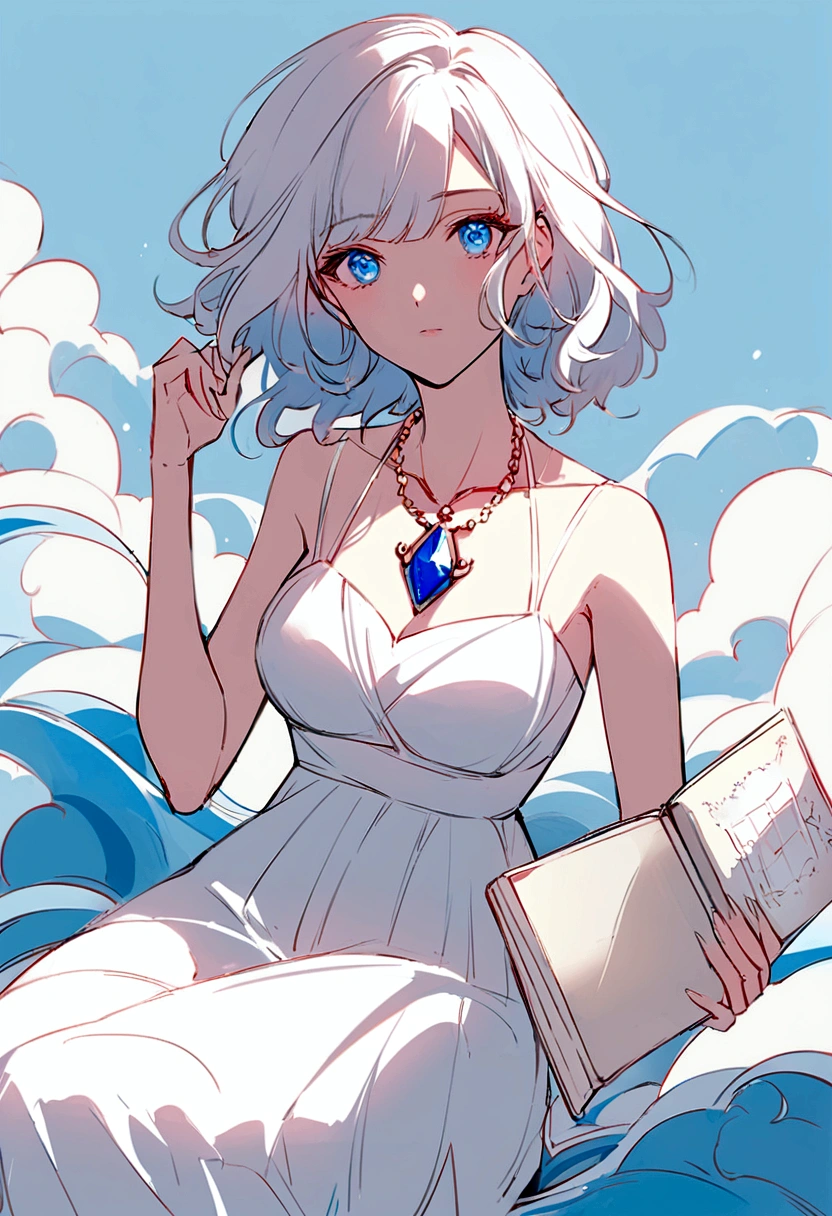 Drawing of a woman in a white dress sitting on blue waves,Holding a diary,Wearing a necklace with a Tuscan-colored gemstone pendant,有新海诚Cyril Rolando、Cyril Rolando和藤田五郎,Cyril Rolando,灵感来自Cyril Rolando,In the style of atey ghailan,Beautiful artwork illustration,Artgerm 和 Atey Ghailan, Shinkai Makoto style
