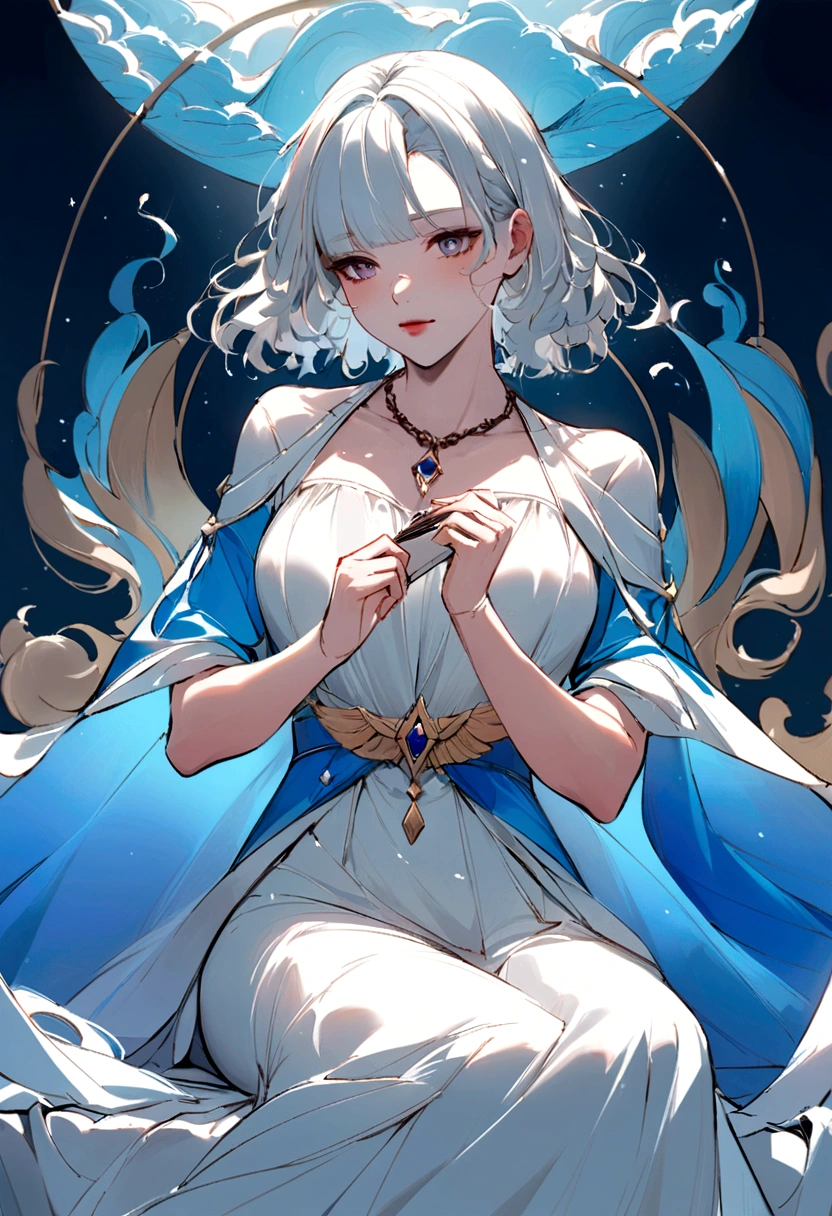 Drawing of a woman in a white dress sitting on blue waves,Holding a diary,Wearing a necklace with a Tuscan-colored gemstone pendant,有新海诚Cyril Rolando、Cyril Rolando和藤田五郎,Cyril Rolando,灵感来自Cyril Rolando,In the style of atey ghailan,Beautiful artwork illustration,Artgerm 和 Atey Ghailan, Shinkai Makoto style