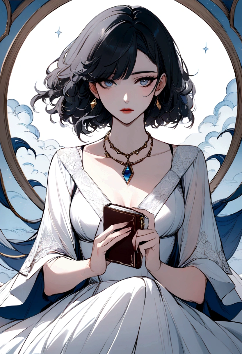 Drawing of a woman in a white dress sitting on blue waves,Holding a diary,Wearing a necklace with a Tuscan-colored gemstone pendant,有新海诚Cyril Rolando、Cyril Rolando和藤田五郎,Cyril Rolando,灵感来自Cyril Rolando,In the style of atey ghailan,Beautiful artwork illustration,Artgerm 和 Atey Ghailan, Shinkai Makoto style