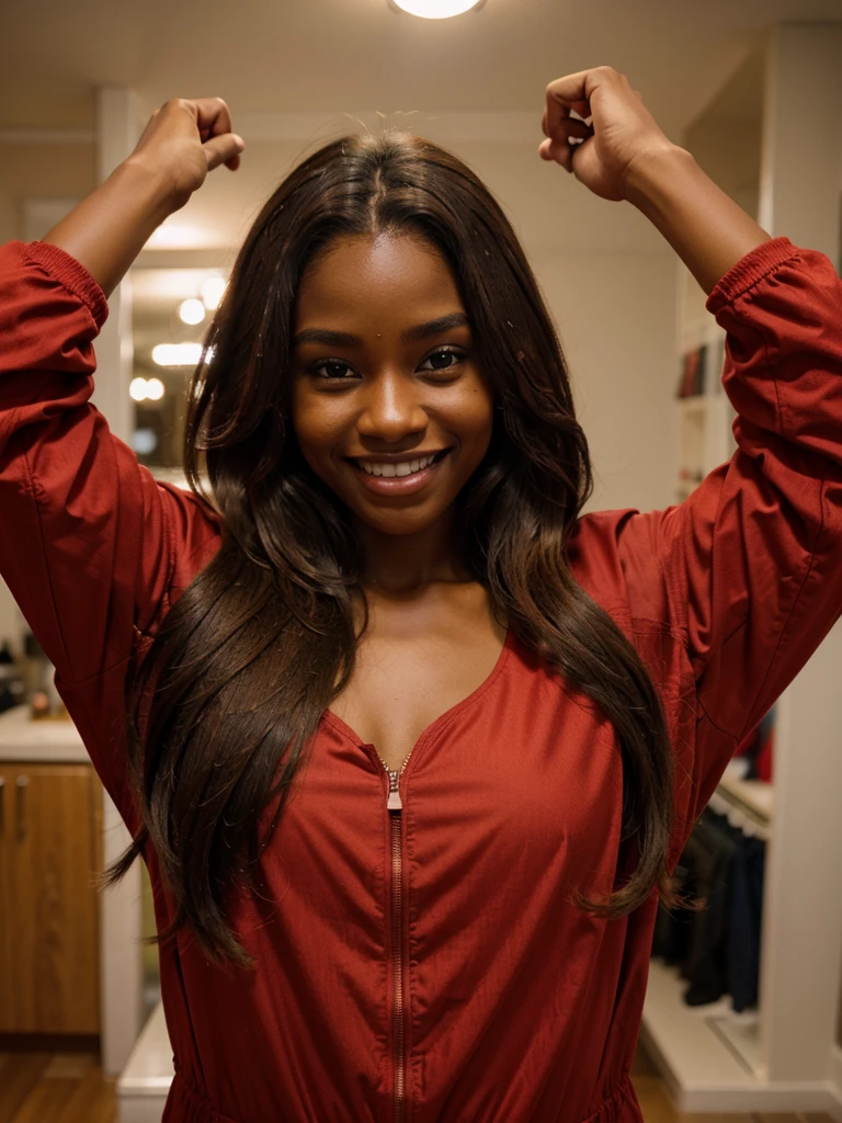 brown skin woman with long light brown hair wearing a red jacket open, red tshirt with neckline, hands over head, happy smile, home, black skin, model pose