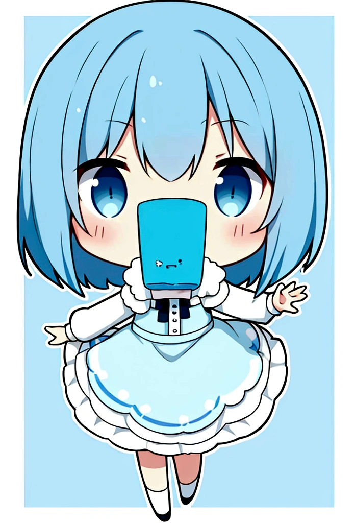 chibi, girl, blue hair, cute outfit, short hair, full body, holding snack, dynamic pose, random snack background