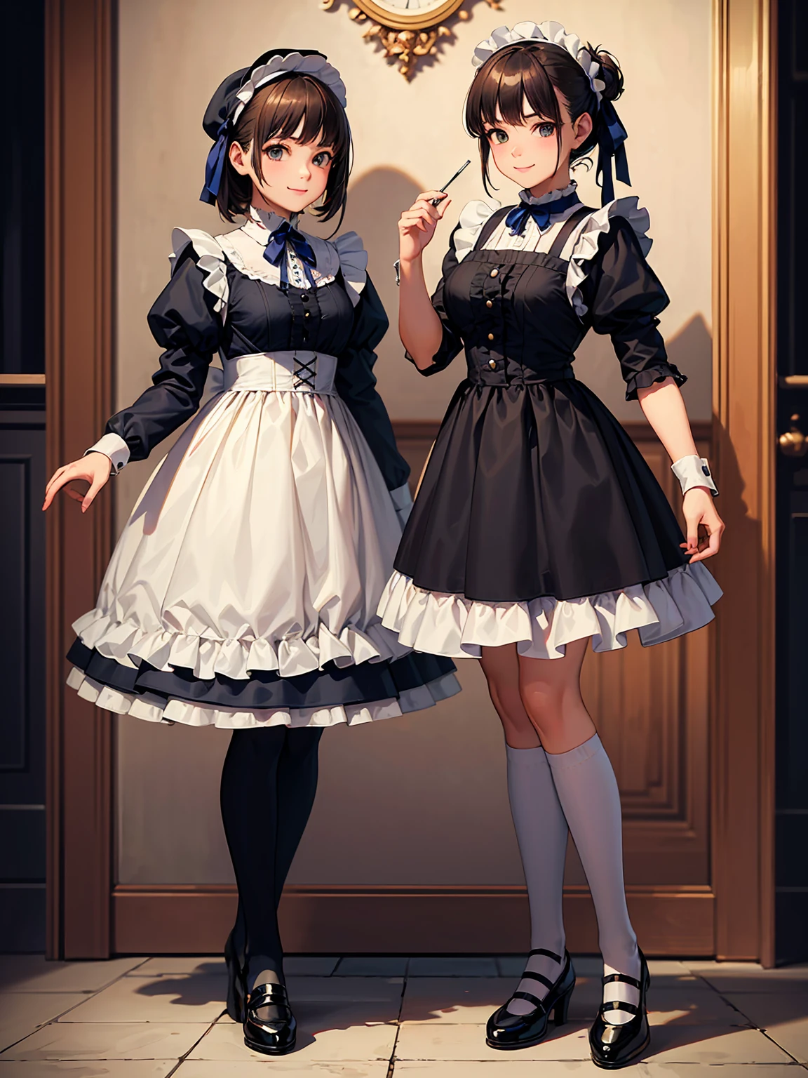 (Highest quality、16K、masterpiece、Ultra-high resolution、Victorian era、Photorealistic:1.2)、A  smiling under the stars, a toddler wearing a maid hat with ruby accessories, she is wearing a white and black gothic maid dress with navy blue ribbon. Black stockings, black shoes, cute, super cute toddler maid tsundere、Heroine&#39;s Attributes、Artistic shading、Perfect Face、Detailed portrait、
