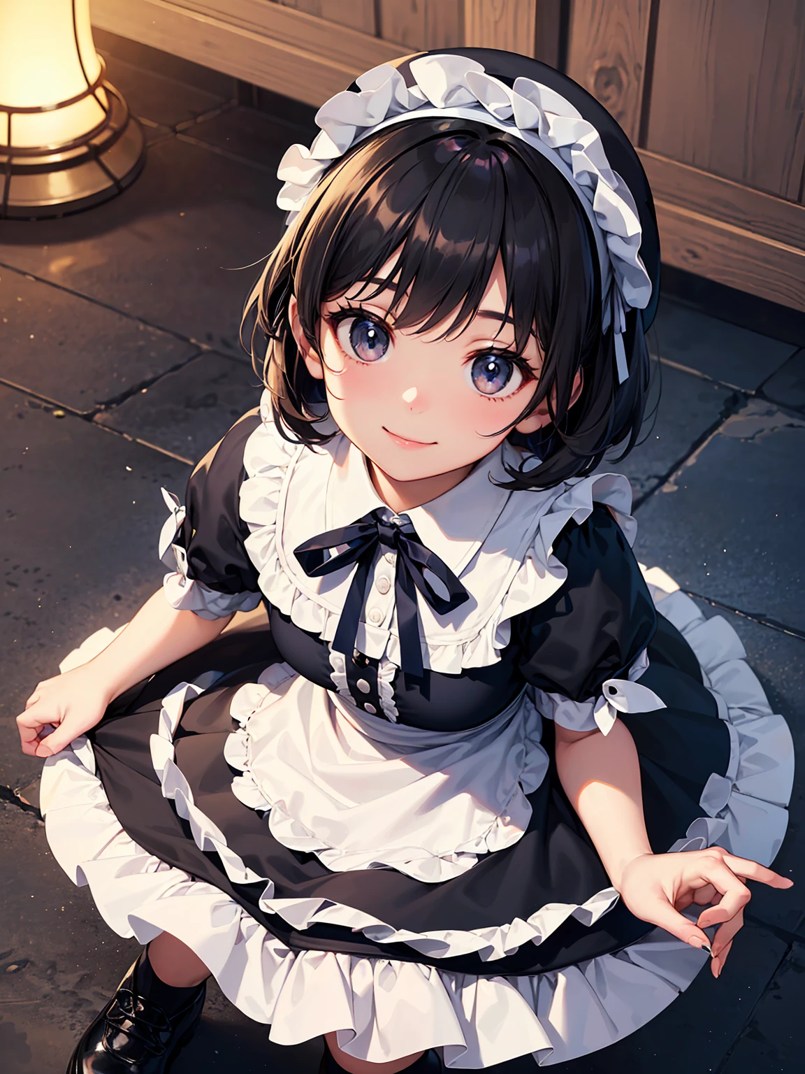 (Highest quality、16K、masterpiece、Ultra-high resolution、Victorian era、Photorealistic:1.2)、A smiling under the stars, a toddler wearing a maid hat with ruby accessories, she is wearing a white and black gothic maid dress with navy blue ribbon. Black stockings, black shoes, cute, super cute toddler maid tsundere、Heroine's Attributes、Artistic shading、Perfect Face、Detailed portrait、