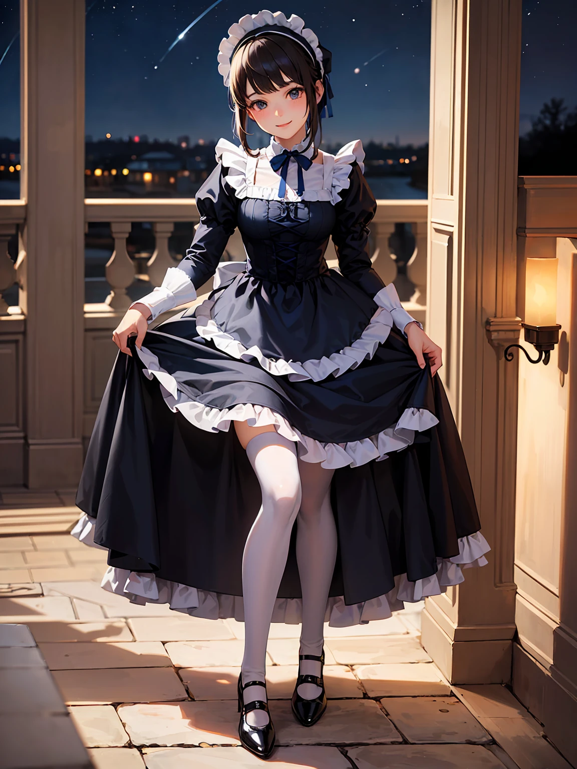 (Highest quality、16K、masterpiece、Ultra-high resolution、Victorian era、Photorealistic:1.2)、A  smiling under the stars, a toddler wearing a maid hat with ruby accessories, she is wearing a white and black gothic maid dress with navy blue ribbon. Black stockings, black shoes, cute, super cute toddler maid tsundere、Heroine&#39;s Attributes、Artistic shading、Perfect Face、Detailed portrait、

