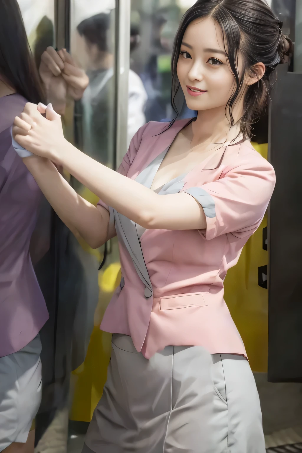 (masterpiece:1.2, Highest quality:1.2), 32k HDR, High resolution, (alone、1 girl)、 (Height: 160cm)、(On the rooftop of a building in the daytime、Professional Lighting)、Building rooftop background、(Nankai train crew uniform pinkを着たリアルスタイル)、(Nankai train crew uniform pink short sleeve collarless pink jacket、Nankai Train Crew Uniform Pink Collarless Short Sleeve Blouse、Nankai Train Crew Uniform Pink Grey Knee-length Culottes)、(The pink jacket is showing from the culottes.)、Dark brown hair、(Hair tied up、Hair tied up、Evening curly hairstyle)、Dark brown hair、Long Shot、Big Breasts、Thin legs、((Great hands:2.0)),((Harmonious body proportions:1.5)),((Normal limbs:2.0)),((Normal finger:2.0)),((Delicate eyes:2.0)),((Normal eyes:2.0)))、smile、(Nankai Train Crew Uniform Pink Grey Knee-length Culottesを見せた美しい歩く姿)、Place your hands around your stomach、Lanyard employee ID card