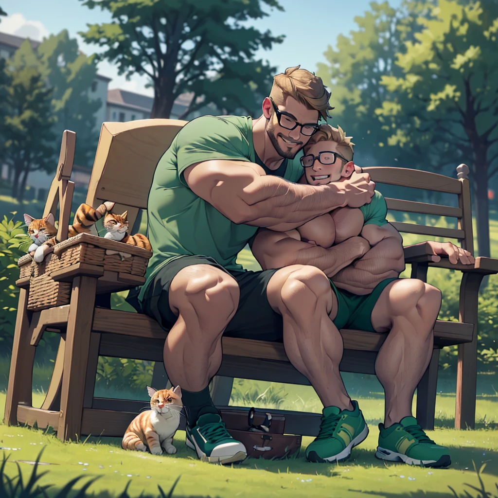 32k, soloman, a man with a dark blond beard and well groomed ,a dark blond hair  ,stephen amell  3  ginger cats sitting near him, the man wearing( glasses,  and hairy  ,(dark green short ),(dark green shoes),in a park, the man sitting on a table  cloth spread on the grass near him a picnic basket , high well detailed face fingers body parts  focus, happy smile, happy cats, heart-warming sceme lot of cuddling , seen from the front to side