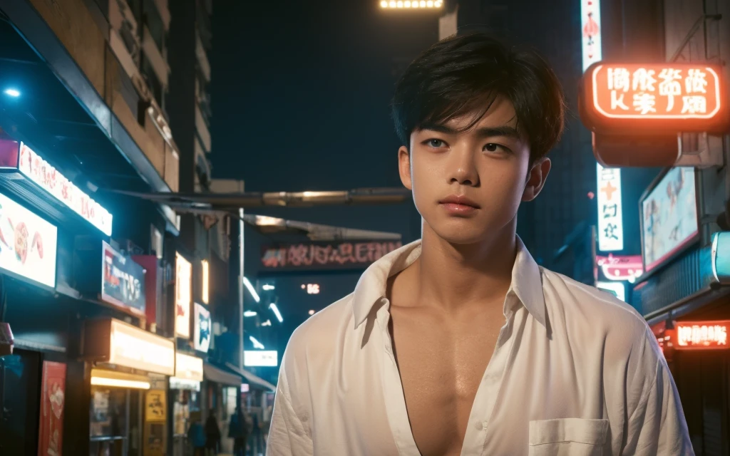 In the midst of a city at night, a young Chinese boy stands on a cobblestone street, illuminated by the soft glow of streetlights and neon signs. The sky above is a deep blue, dotted with twinkling stars, casting a serene and magical atmosphere over the scene.

His hair is straight and natural, with bangs softly brushed by a gentle breeze. His face is youthful and clean-shaven, exuding an innocent charm. He wears a simple white T-shirt that clings to his muscular frame, highlighting his well-defined pecs and strong muscles. He is dressed in shorts, which show off his athletic legs. His hands rest casually at his sides, conveying a relaxed and confident demeanor.

Behind him, the lively street is lined with shops and colorful neon lights that reflect on the wet pavement, adding a vibrant and dynamic feel to the night. People hustle and bustle, but he seems detached from the commotion. His gaze is soft and contemplative, fixed on the distant horizon, as if lost in thought. A faint smile plays on his lips, though his eyes reveal a hint of sadness and nostalgia.

The camera zooms in on his slightly parted lips, as if ready for a tender kiss. His tongue subtly traces his lips, showing a longing expression. The air is filled with a sweet aroma, making each breath taste of romance. His lips glisten slightly in the streetlight, appearing particularly inviting.
((depth of field)),((open and vast place)),telephoto lens,(((close-up))),(chest focus),(((perspective from below))),(simple background),(simple color),((blurry)),(horizon),
 1boy,cool guy,peaceful,((floating short hair)),((((bangs)))),(((soft clean hair))),(((silky skin))) ,((smooth skin)) ,clean body,(clean face),((smooth face)),(natural pretty face),((adam's apple)),((looking at you)),((solo)),(teenage),(wind),(chin up),(hopeful),
((skin tight )),(mini white shirt),see-through,
(narrow waist),slender waist,muscular,(broad shoulders),((huge wide chest)),(((huge plump chest)))