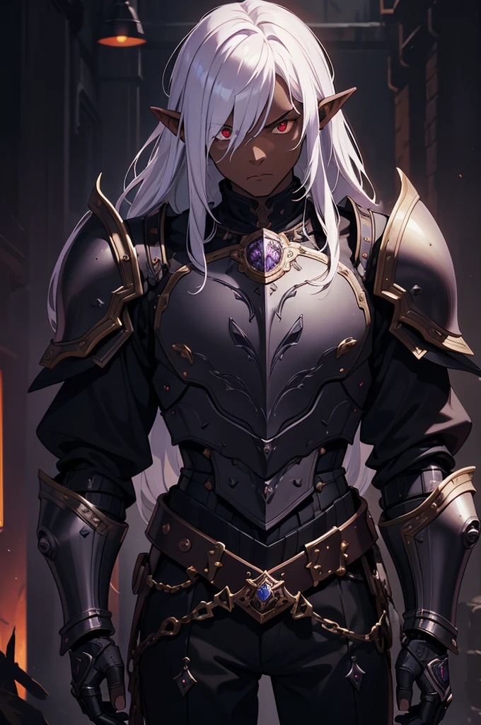 masterpiece, best quality, ultra high res, dark theme, 1boy, (dungeonpunk armor), (mechanical steampunk armor), (wearing armor)fantasy illustration, dark skinned, human, upper body, portrait, red eyes, long white hair, half-drow, pointy ears, serious face, young man, dramatic lighting, purple hue, art by Kinema Citrus