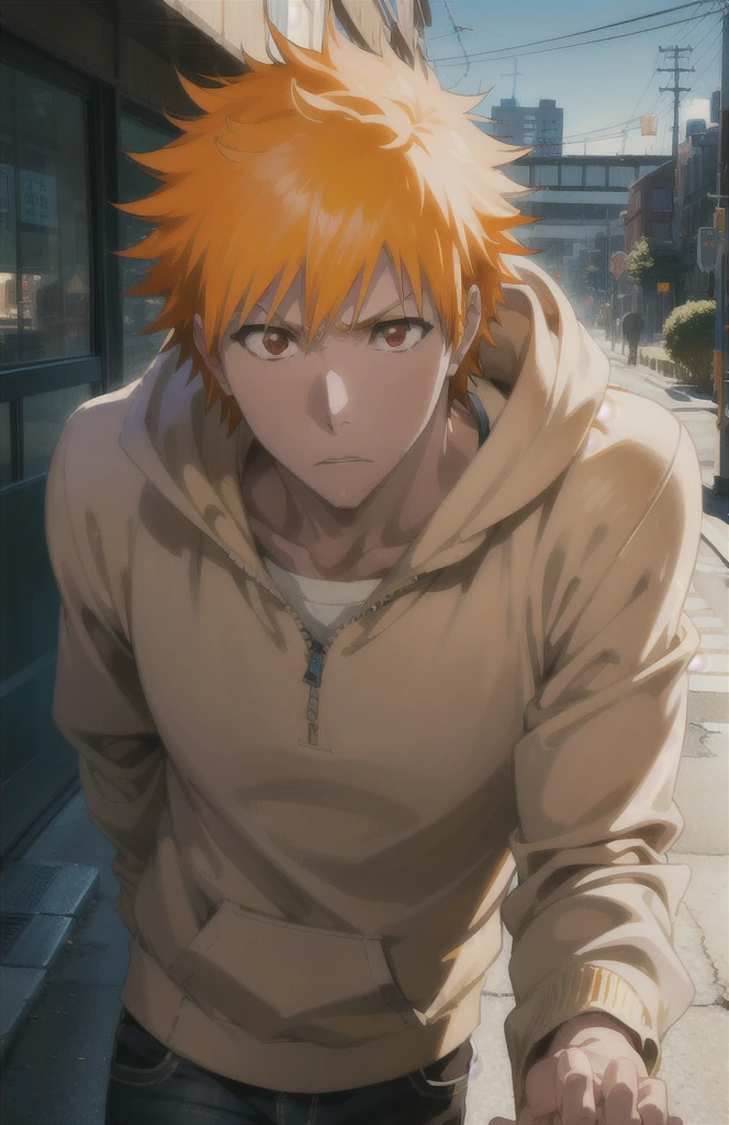 Ichigokurosaki, Ichigo Kurosaki, short hair, Orange Hair, Spiked Hair, (Brown eyes:1.5),
Oversized yellow hoodie,jeans,White sneakers,Walking,whole bodyがイラストに入るように,Daytime,Cold Sky,
break looking at viewer, whole body,
break outdoors, Building district,
break (masterpiece:1.2), Highest quality, High resolution, unity 8k wallpaper, (figure:0.8), (Beautiful attention to detail:1.6), Highly detailed face, Perfect lighting, Highly detailed CG, (Perfect hands, Perfect Anatomy),