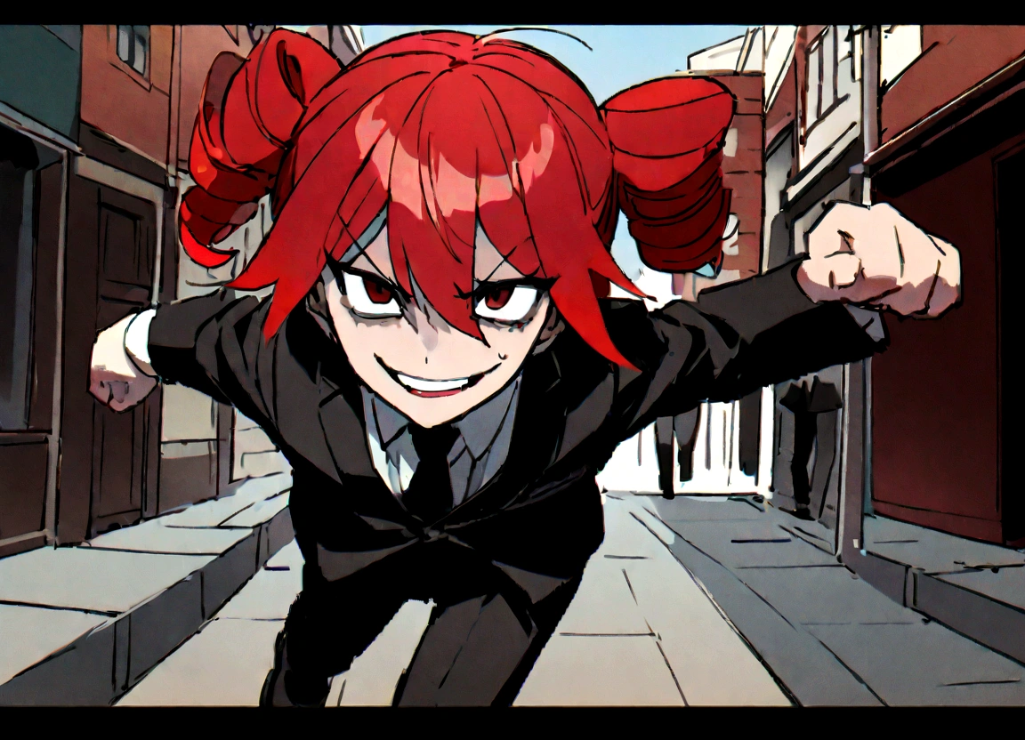 Red hair、Black suit、Black slacks、Wearing leather shoes、swinging a long silver metal baseball bat、Scary smile、In town、Daytime