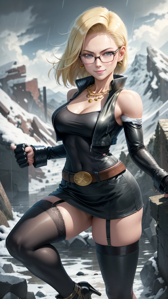 Best quality, Highres, and18, 1girl, android 18, solo girl, 1girl, blonde hair, blue eyes, belt, high heels, black dress, gold necklace, black dress, short hair, jacket black dress, earrings, glasses Reading, medium breasts, cowboy shot, mountains, straight, (weather: rainy and windy), wet body, sexy smile, fighting stance, thigh-high stockings, garter belt, battle ruins, wide hips, thick legs, not wearing clothes, closed fists, hairpin,