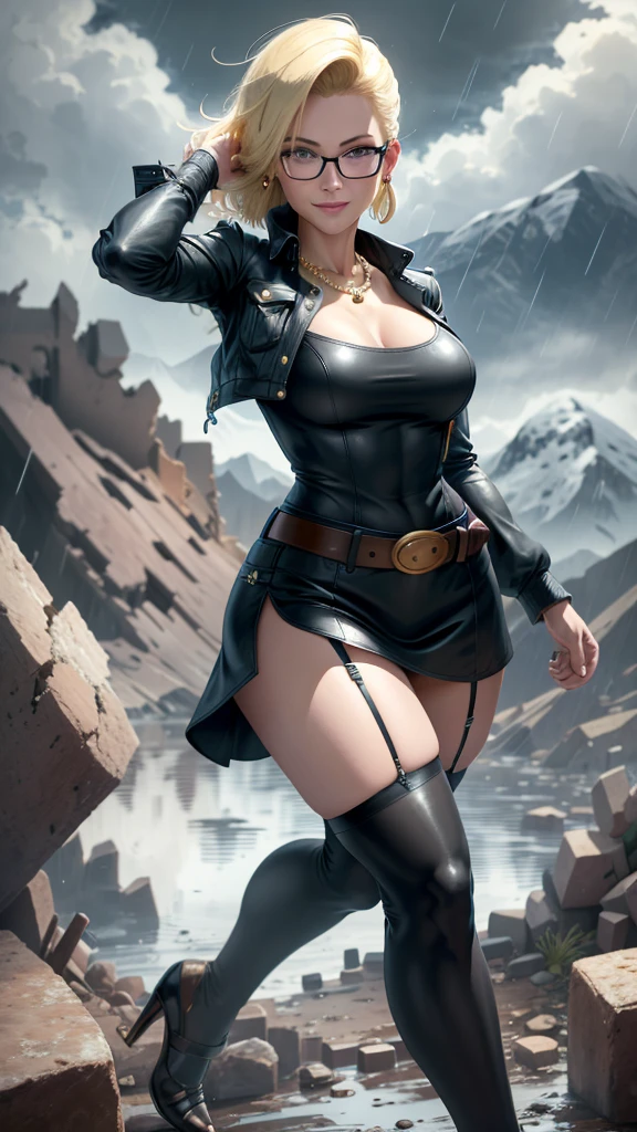 Best quality, Highres, and18, 1girl, android 18, solo girl, 1girl, blonde hair, blue eyes, belt, high heels, black dress, gold necklace, black dress, short hair, jacket black dress, earrings, glasses Reading, medium breasts, cowboy shot, mountains, straight, (weather: rainy and windy), wet body, sexy smile, fighting stance, thigh-high stockings, garter belt, battle ruins, wide hips, thick legs, not wearing clothes, closed fists, hairpin,