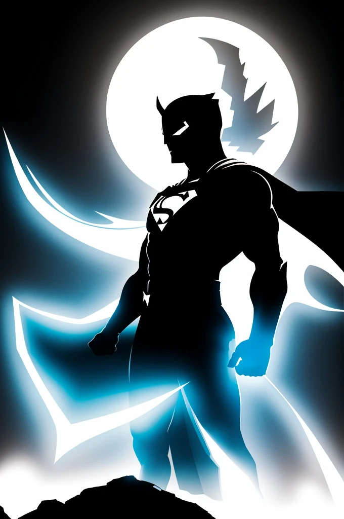 Create an image where there is a white silhouette of a superhero with a black background, animated and easy for children 