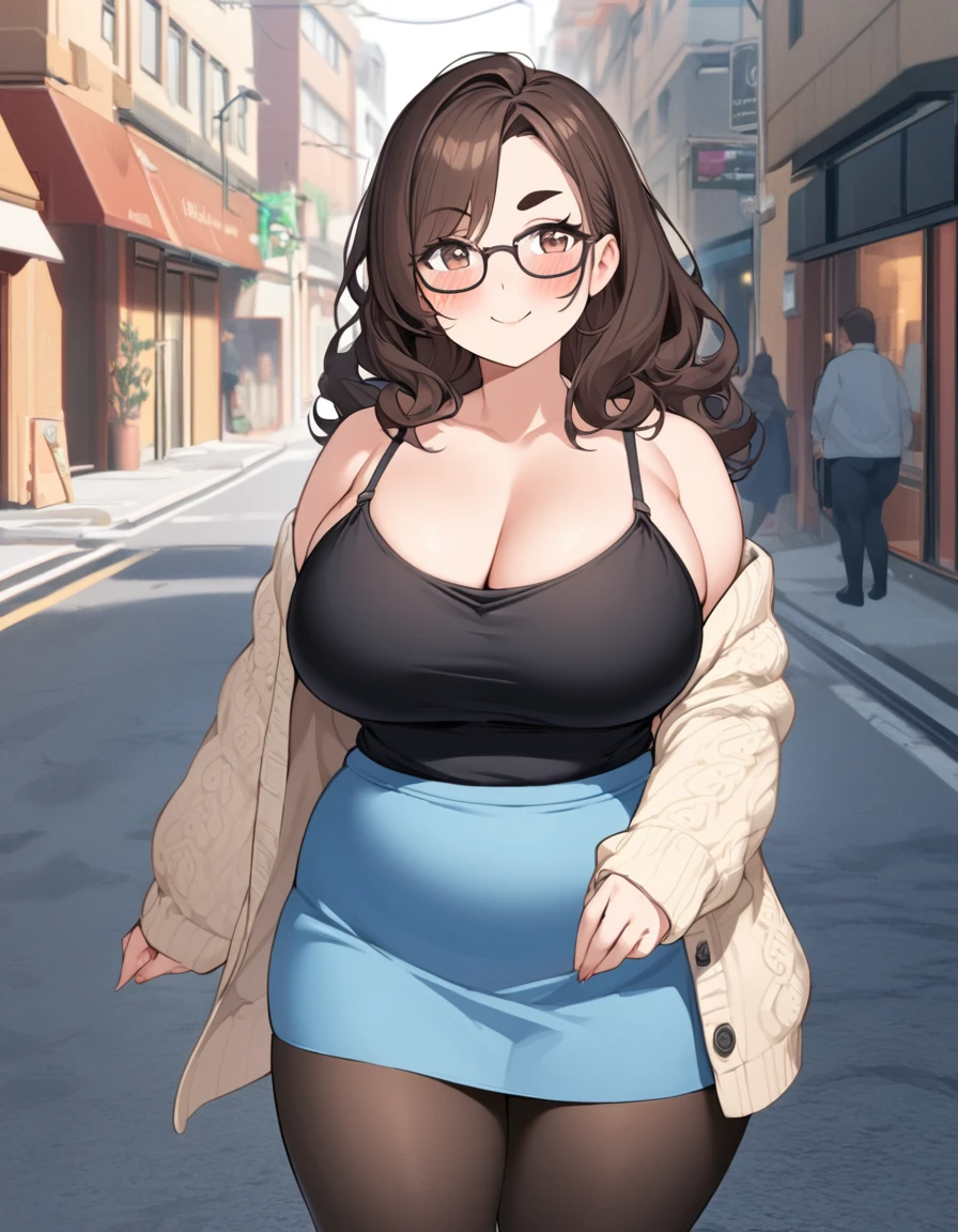 1woman,solo,,mature_female,medium-long_hair,dark-brown_hair,asymmetrical_bangs,wavy-hair,dark-brown-eyes,thic_eyebrows,plump,large_,glasses,black_camisole,white_lale_cardigan,light-blue_mini_pencil_skirt,black_pantyhose,black_pumps,street,upper_body,face_focus,smile:0.4,blush:0.2,side_view,