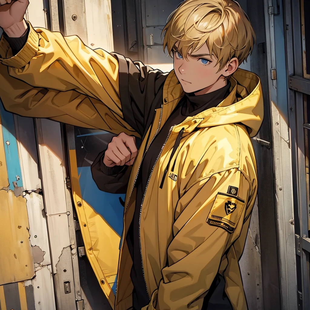 The dark blond haired hero, adolescent, beige clothes, yellow and black. Pure and innocent