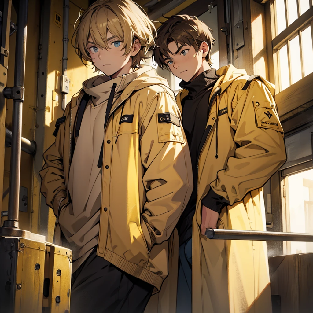 The dark blond haired hero, adolescent, beige clothes, yellow and black. Pure and innocent