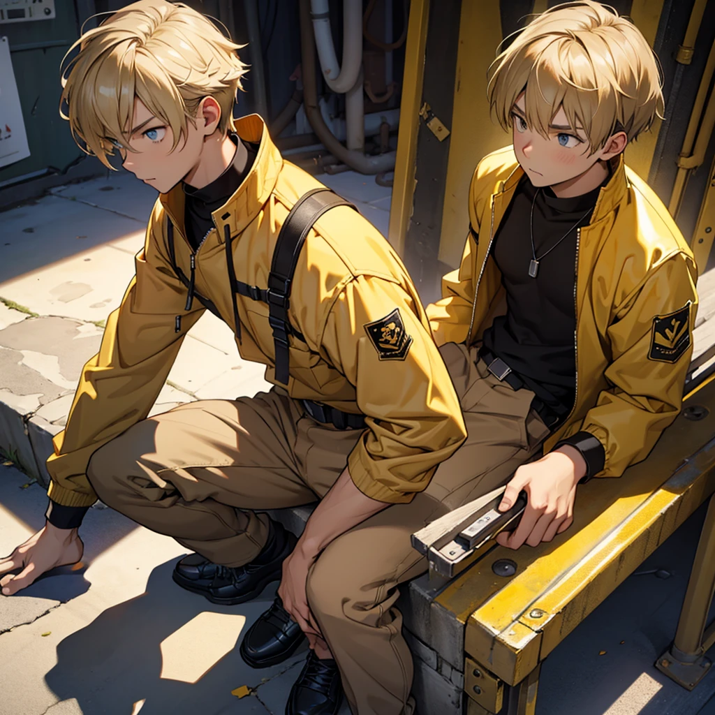 The dark blond haired hero, adolescent, beige clothes, yellow and black. Pure and innocent